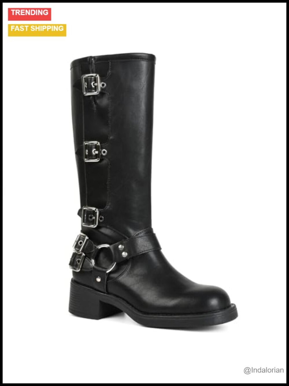 Women's Knee High Moto Biker Boots Buckle Chunky Block Heel